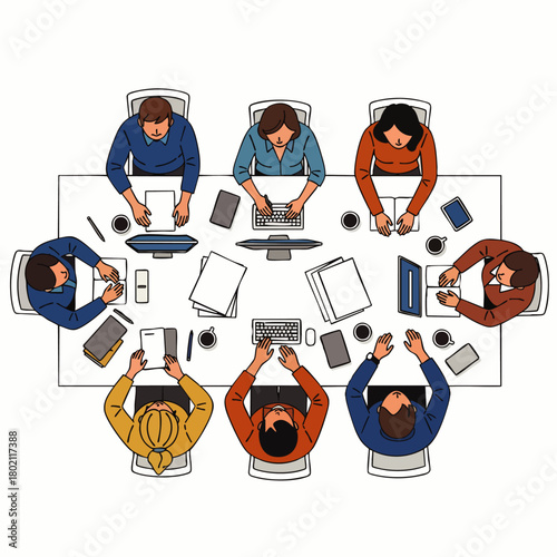 Overhead view of a diverse team gathered around a conference table, collaborating on laptops and documents in a modern, professional setting.