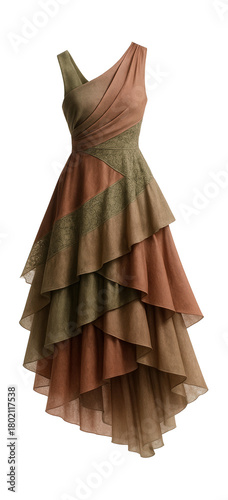 Asymmetric layered dress featuring a tiered skirt and lace detail.