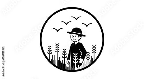A stylized black and white illustration of a farmer in a hat standing in a field of wheat with birds flying overhead.