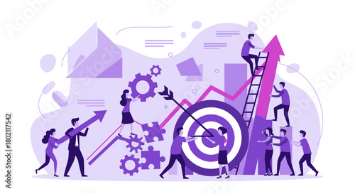 Teamwork and collaboration to achieve business goals and success with a target and upward trending graph.