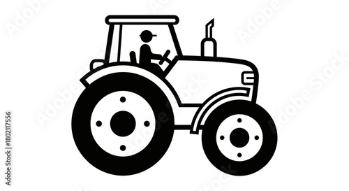 Black and white illustration of a tractor with a driver inside, ready for agricultural work.