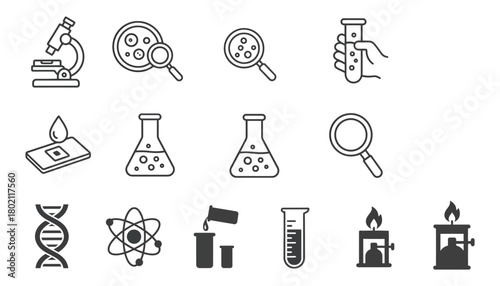 Various science lab equipment icons presented in a simple line art style