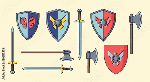Colorful collection of medieval weaponry and shields in a flat vector illustration style, perfect for fantasy games or historical designs.