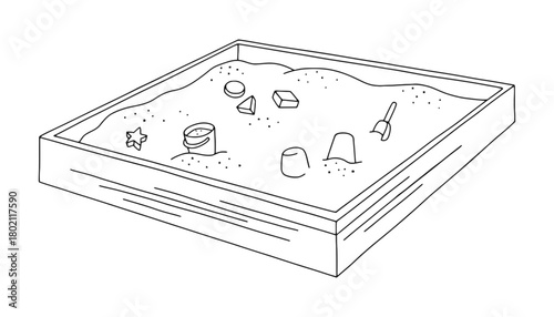 Illustration of a square sandbox filled with sand and various toys