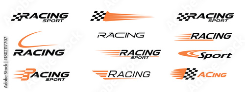 set of 12 racing sport logos with speed lines and checkered flags, showcasing high-speed visual accents, modern emblem silhouettes, and vibrant racing motifs ideal for automotive graphics and 