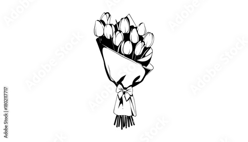 A black and white drawing of a bouquet of tulips with a bow tie