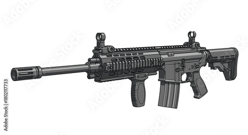 Detailed illustration of a modern tactical assault rifle with accessories, including a foregrip, sights, and magazine, presented in a grayscale style.