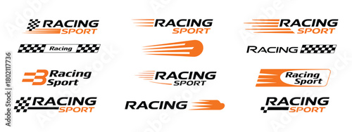 set of 12 racing sport logos with speed lines and checkered flags, featuring dynamic motion effects, bold emblem styles, and energetic graphic elements perfect for motorsport branding and competitive 