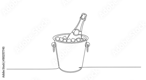 A minimalist single-line drawing of a champagne bottle chilling in an ice bucket.