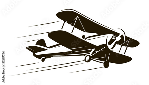 Illustration of a vintage biplane flying with motion lines on white