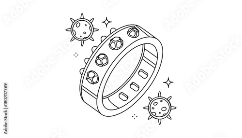 Illustration of a ring with gemstones and two spiky planets around it