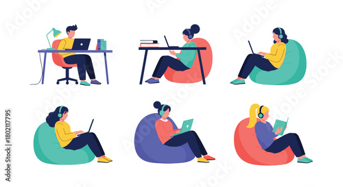 Diverse people working remotely on laptops in comfortable settings, showcasing modern work-life balance and flexible office environments.