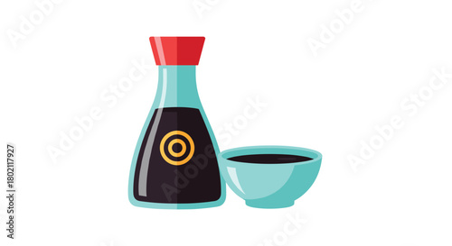 A vibrant illustration depicts a bottle of soy sauce alongside a small, filled dipping bowl, showcasing a common condiment pairing for Asian cuisine.