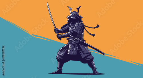 A stylized illustration of a samurai warrior in full armor, poised for battle with a katana, against a vibrant gradient background.