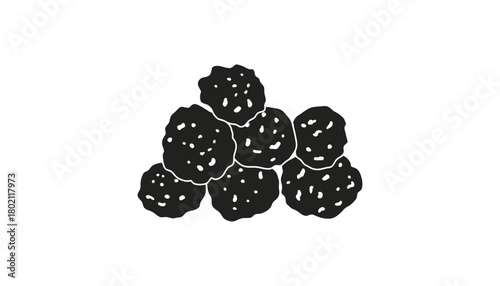 A monochrome illustration of a pile of dark speckled round objects