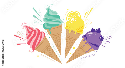 A vibrant and colorful arrangement of four ice cream cones with different flavors and toppings, perfect for summer or dessert themes.