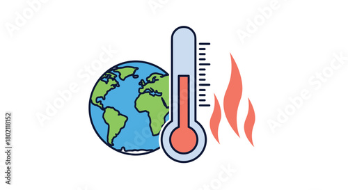 Illustration depicting global warming with a thermometer next to the Earth and rising flames, symbolizing increasing temperatures and climate change impacts.