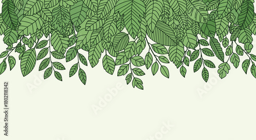 A lush, hand-drawn illustration of overlapping green leaves creates a natural border or header, evoking a sense of growth and tranquility.