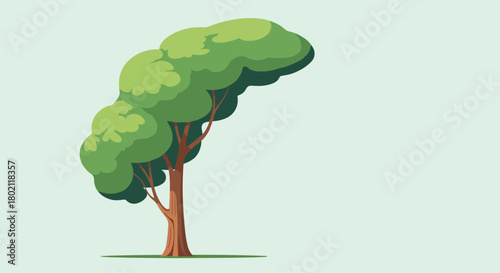 Stylized illustration of a lush green tree with a full canopy leaning to the side against a pale blue background, representing nature and growth.