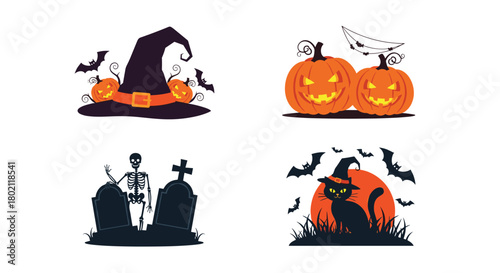 Festive halloween illustrations featuring pumpkins, a witch's hat, a spooky graveyard scene, and a black cat with bats against a full moon.