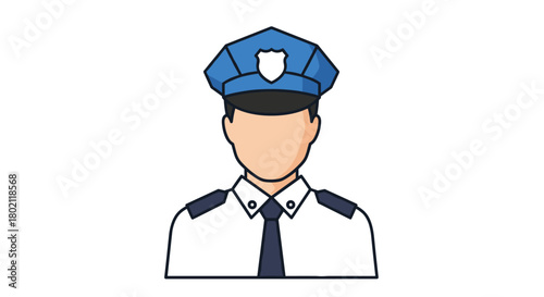 Illustration of a police officer in uniform with a peaked cap, facing forward, on a white background, representing law enforcement and public safety.