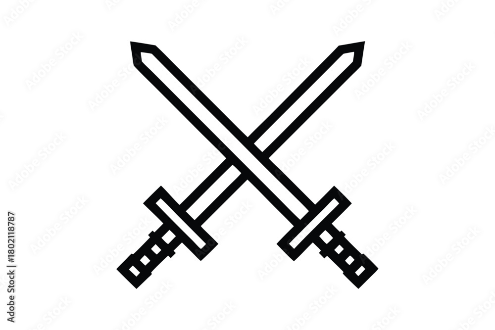 Fototapeta premium Two crossed swords with pixelated edges stand out on a transparent background