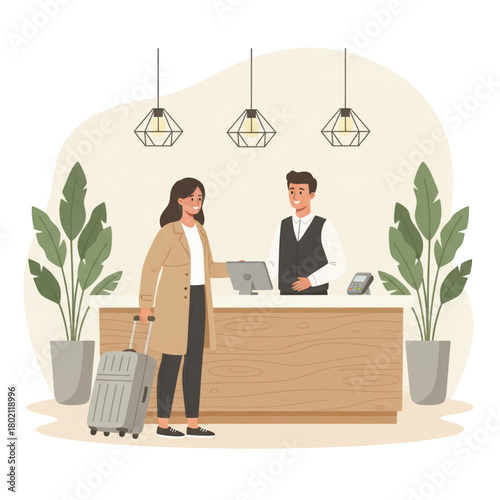 Illustration of a woman checking into a stylish hotel reception with suitcase, friendly staff, soft lighting, and modern decor. Perfect for travel and hospitality themes. Vector illustration
