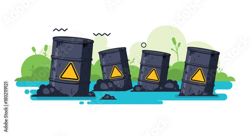 Illustration depicting hazardous waste barrels leaking into a polluted environment, showcasing the detrimental effects of industrial contamination and environmental damage.