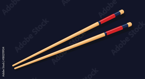 A pair of traditional wooden chopsticks with red and blue accents rests diagonally against a dark navy background, offering a clean and minimalist aesthetic.