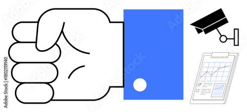 Fist in blue cuff symbolizes power or resistance. Nearby, a security camera monitors, while a clipboard displays a chart. Ideal for security, monitoring, privacy, control, authority analytics