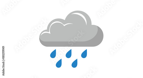 A simple, flat-style illustration depicting a gray rain cloud with several blue raindrops falling downwards, representing inclement weather conditions.