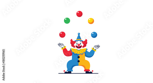 A cheerful clown juggles colorful balls in a playful performance, showcasing skill and entertainment for audiences of all ages.