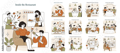 Restaurant Scenes Illustrating Various Dining Moments