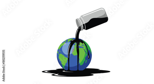 A conceptual illustration depicts a bottle pouring black liquid onto a globe, symbolizing pollution and environmental damage to the earth.