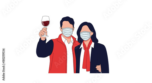 Couple toasting with wine while wearing face masks, representing social gatherings during a pandemic or new normal period.