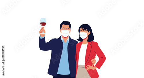 A stylish couple wearing face masks toasting with wine glasses, representing safe socializing and celebrations during a pandemic or health crisis.