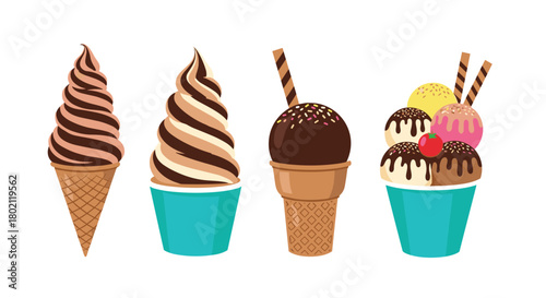 A colorful collection of various ice cream treats, including soft serve, scoops, and cones, presented in a delightful and appetizing arrangement.