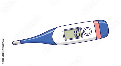 A digital thermometer displays a temperature reading of 10 degrees, indicating a potential health concern or medical assessment, isolated on a white background.
