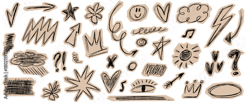 Cut out scrapbook doodle elements. Hand drawn crayon pen underline children marker scratch, arrows, heart, stars and scribbles. Vector torn craft paper shapes with funky texture for design collages