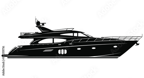 Sleek modern yacht silhouette against a white background, showcasing luxury and maritime design, perfect for travel and leisure concepts.