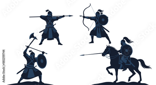 Silhouette illustrations depicting medieval warriors in various combat poses, including archery, horseback riding, and close-quarters fighting with spears and axes.
