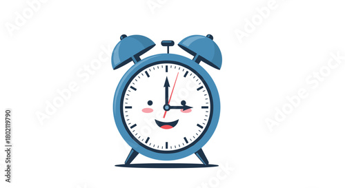 Charming blue alarm clock with a smiling face displays seven o'clock, representing mornings, wake-up calls, and the start of a new day.