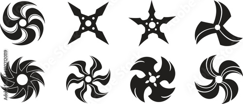 Collection of eight black silhouette ninja throwing stars and shuriken weapon designs on a white background