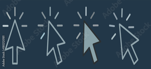 Four stylized cursor icons representing a click action with dashed lines and radiating light effects on a dark background