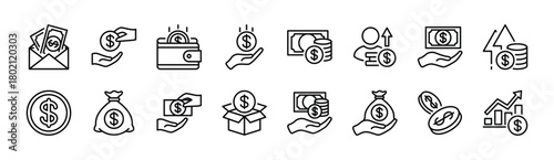 Salary thin line icon set. Contains earning chart growth up, increase income, wages, wallet, savings, budget, bonus, dollar coin, money bag, fund, fee, payment, billfold, profit, revenue - vector