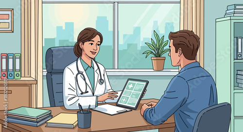 Doctor consulting with patient in modern office, discussing medical information on laptop screen, depicting healthcare consultation and patient care