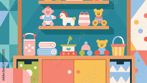 Illustration Of Cupboards And Shelves Filled With Dolls And Toys Vector Design Template