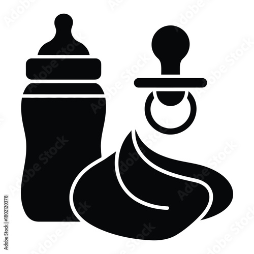 Baby bottle, pacifier, and diaper isolated on white background, essential items for infant care and parenting