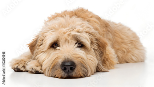 Soft Coated Wheaten Terrier dog, It's getting sleepy. isolated on a white background