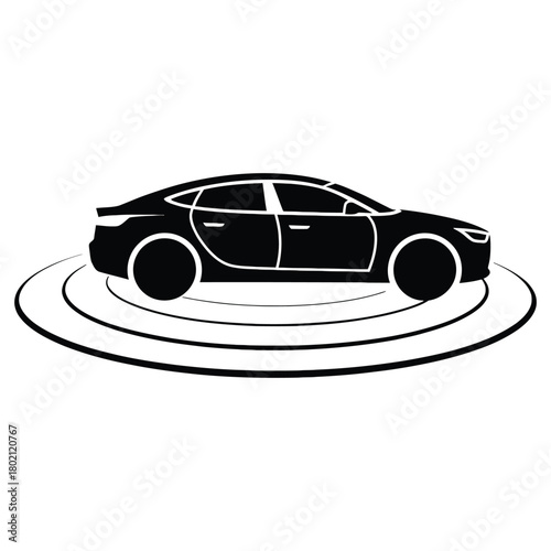 Autonomous car with radar sensor system for self driving isolated on white background black and white vector illustration